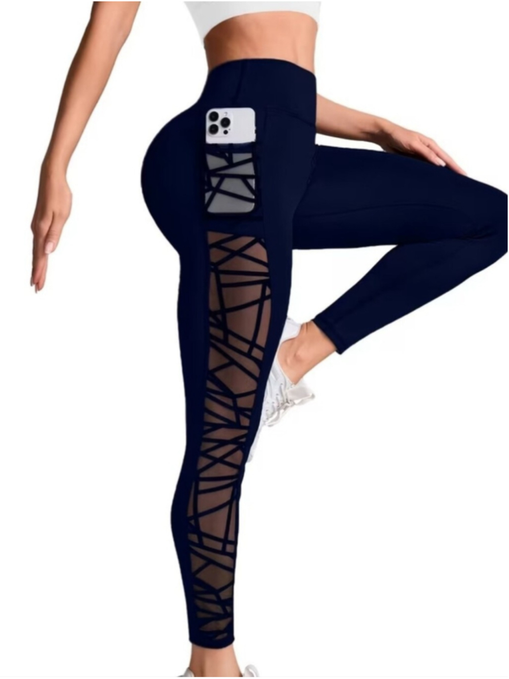 High-Waist Black Mesh Panel Leggings with Side Pocket - Picture 8 of 11